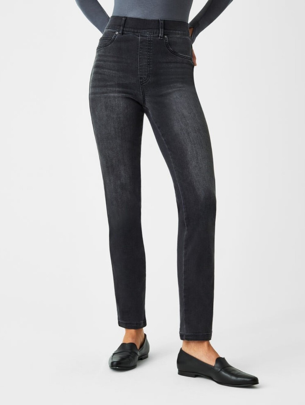SPANX Straight Leg High Rise Jean Vintage Black Stretch Denim Women's size Large